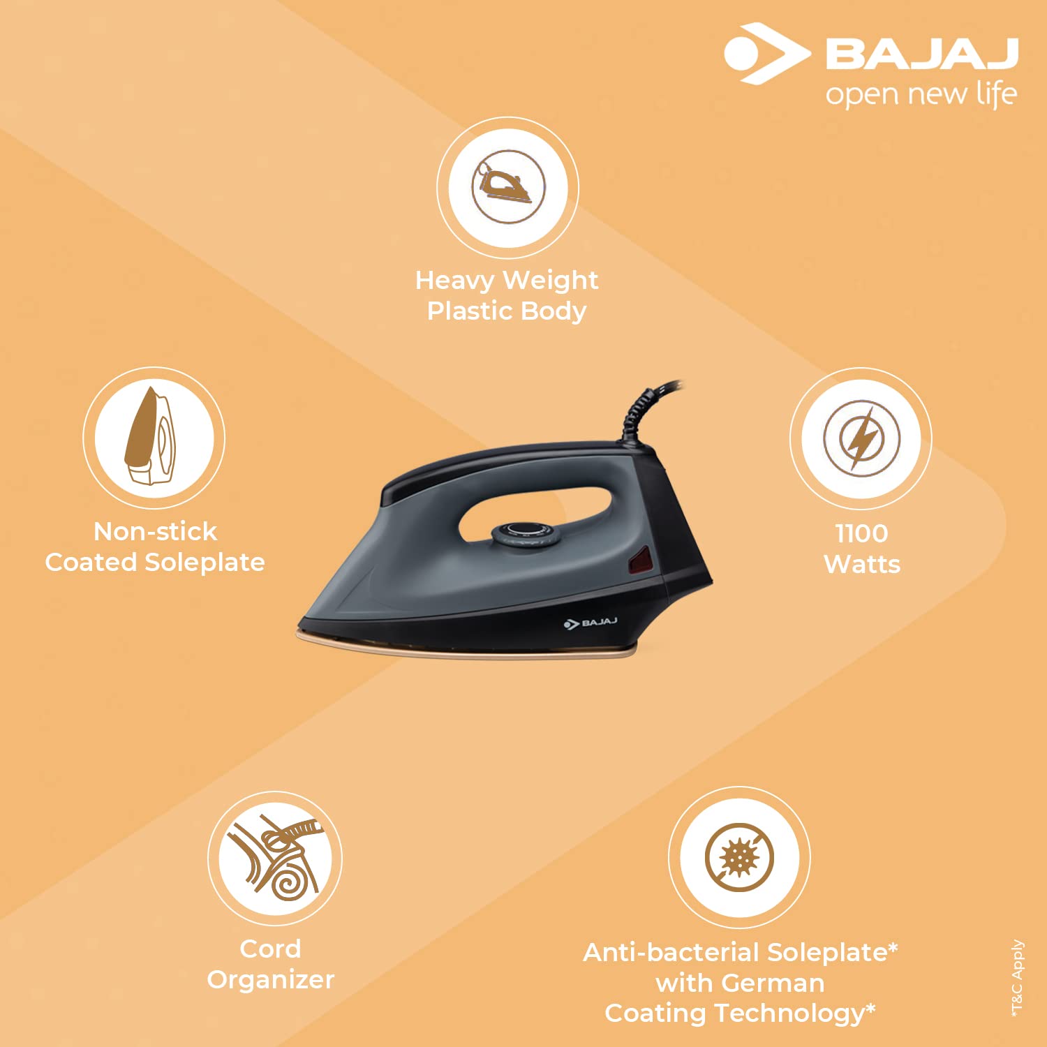 Bajaj Herculo 1100 Watts Dry Iron Black And Grey - Image 2